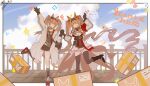  2girls airtair angelina_(arknights) angelina_the_mellow_wish_(arknights) animal_ear_fluff animal_ears arknights arm_up black_boots black_collar black_gloves black_hairband black_shirt black_shoes black_shorts black_socks black_thighhighs boots border box breasts brown_hair cardboard_box chinese_commentary closed_eyes cloud collar commentary_request day detached_sleeves dress dual_persona facing_viewer fox_ears fox_girl full_body gloves hair_between_eyes hairband hand_up highres holding_hands infection_monitor_(arknights) jacket long_hair long_sleeves multiple_girls notice_lines open_clothes open_jacket open_mouth outdoors outstretched_arm pleated_dress railing red_hairband shirt shoes shorts sky smile socks standing standing_on_one_leg thighhighs twintails very_long_hair waving white_border white_dress white_jacket 