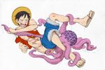  1boy abs black_hair blue_shorts clothes_pull commentary_request full_body fur-trimmed_shorts fur_trim hat highres male_focus monkey_d._luffy nipples octopus one_piece open_mouth red_vest sandals short_hair shorts shorts_pull solo straw_hat sweatdrop tentacles tentacles_on_male vest zhizhi_(wizardtsutsu) zoophilia 