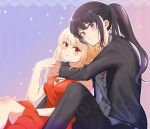  2girls :/ arms_around_neck black_hair black_jacket black_pants blonde_hair blush breasts cleavage closed_mouth commentary couple dress grey_vest inoue_takina jacket kuon_(q_o_n5) large_breasts light_smile long_hair looking_at_viewer lycoris_recoil multiple_girls nishikigi_chisato open_clothes open_jacket outline pants ponytail purple_background purple_eyes red_dress red_eyes short_hair sitting sleeveless sleeveless_dress star_(symbol) star_symbol_background straight_hair suit_jacket v-neck vest white_outline yuri 