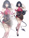  1girl absurdres animal_ears black_choker black_hair black_one-piece_swimsuit black_sarong black_shoes breasts choker commentary covered_navel english_commentary grey_eyes highres jane_doe_(nocturne_of_light)_(zenless_zone_zero) jane_doe_(zenless_zone_zero) kyogree large_breasts leather_leotard licking_lips long_hair mouse_ears mouse_girl mouse_tail one-piece_swimsuit red_one-piece_swimsuit sarong sharp_tail shoes swimsuit tail tongue tongue_out two-tone_one-piece_swimsuit zenless_zone_zero zoom_layer 