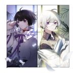  2boys absurdres ahoge bishounen black_hair book chess_piece choker glasses hand_up highres holding holding_book looking_at_viewer male_focus maorongxingqiu mole mole_under_eye multiple_boys original purple_eyes purple_ribbon ribbon shirt short_hair sweater white_hair white_shirt 