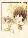  1970s_(style) 1boy black_eyes brown_hair building church collared_shirt highres leaf looking_to_the_side male_focus matsunae_akemi neckerchief original outdoors painting_(medium) red_neckerchief retro_artstyle shirt short_hair solo third-party_source traditional_media upper_body white_shirt 