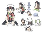  28_(eep228) 3boys :d :o ^_^ bag beanie black_pants blush_stickers bracelet brendan_(pokemon) closed_eyes green_bag grey_eyes hat highres jewelry looking_to_the_side male_focus multiple_boys multiple_views o_o open_mouth pants pokemon pokemon_omega_ruby_and_alpha_sapphire raised_inner_eyebrows shirt shoes short_sleeves sitting smile teeth upper_teeth_only white_background white_hat 