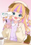  1girl :d animal_ears beret blonde_hair blue_eyes blush_stickers cellphone clenched_hand commentary_request cup desk dog_ears dog_girl dog_tail drill_hair hands_up hat holding holding_phone inusoku jacket long_hair multicolored_hair open_clothes open_jacket original phone purple_shirt purple_streaks shirt signature skeb_(site) smartphone smile solo streaked_hair tail translation_request twitter_username two_side_up upper_body yellow_jacket 