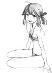  1girl absurdres ahoge american_flag american_flag_bikini american_flag_print bikini blunt_bangs breasts commentary flag_print flag_print_bikini greyscale halterneck hayanami_(kancolle) highres kantai_collection looking_at_viewer monochrome navel open_mouth print_bikini short_hair side_ponytail sitting small_breasts smile solo strapless strapless_bikini swimsuit tsuji_kazuho yokozuwari 