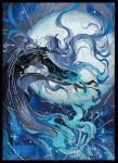  1boy alternate_costume antenna_hair arched_back black_border black_robe black_sclera blue_fire blue_hair border closed_mouth colored_sclera commentary cool_colors expressionless faux_traditional_media fire flins_(genshin_impact) floating_hair from_side full_body full_moon genshin_impact hair_between_eyes lantern light_particles long_hair long_sleeves looking_up lv_zhu_xuan male_focus moon night outstretched_arm pale_skin profile robe solo untranslatable_commentary very_long_hair wide_sleeves yellow_eyes 