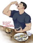  1boy ao_isami black_hair black_shirt bluesky_username closed_eyes commentary eating food highres holding holding_food male_focus muscular muscular_male open_mouth oyster plate saeki316 shirt short_hair short_sleeves solo twitter_username very_short_hair white_background yuuki_bakuhatsu_bang_bravern 