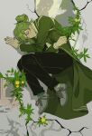  1boy absurdres black_pants closed_eyes closed_mouth coat crack dandelion dress_shirt eyebrow_cut fetal_position flower folded_ponytail from_above full_body green_coat green_hair green_shoes highres lapels library_of_ruina long_hair long_sleeves lying male_focus netzach_(project_moon) on_side pants plant project_moon ratbuchet shirt shoes sleeping smile sneakers socks solo white_shirt yellow_flower 