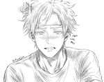  1boy amaoh_lv50 blush cold_pack commentary_request eyelashes fever gojo_satoru greyscale highres jujutsu_kaisen looking_at_viewer male_focus monochrome solo straight-on teeth twitter_username 