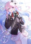  1girl absurdres air_bubble alternate_costume black_bow black_jacket blue_eyes blue_hair blush bow bubble camera colored_inner_hair commentary denia_(wuthering_waves) gloves hair_bow hair_intakes hair_spread_out highres hitsuki_(ruon) holding holding_camera jacket long_hair long_sleeves looking_at_viewer lying making-of_available multicolored_hair on_back open_mouth pink_hair pink_skirt purple_hair red_gloves skirt smile solo wuthering_waves 