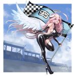 1girl absurdres ahoge asymmetrical_bodysuit black_bodysuit black_thighhighs blue_eyes bodysuit border breasts elbow_gloves fangs feathered_wings fingerless_gloves gamer_supps gloves hair_between_eyes hair_ornament halo high_heels highres horns indie_virtual_youtuber large_breasts latex leg_tattoo long_hair looking_at_viewer low_wings open_mouth outside_border pink_hair pointy_ears race_flag race_queen rosebell rosebell_(vtuber) shiny_clothes single_thighhigh solo standing standing_on_one_leg tattoo thighhighs traditional_halo virtual_youtuber white_border white_horns white_wings wings 