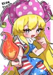  +++ 1girl :d absurdres american_flag american_flag_legwear american_flag_print american_flag_shirt blonde_hair blush clownpiece commentary_request fire flag_print hat heart heart-shaped_pupils highres holding holding_torch jester_cap komugi_zora long_hair neck_ribbon open_mouth outline pink_background print_shirt purple_eyes purple_hat ribbon shirt short_sleeves single_sidelock smile solo symbol-shaped_pupils torch touhou very_long_hair white_outline 