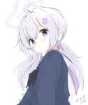  1girl ahoge artist_name black_sailor_collar blue_archive blush core_(mayomayo) dated hair_between_eyes hair_ornament halo head_tilt highres jacket long_hair looking_at_viewer low_twintails multicolored_hair pink_hair pout purple_eyes purple_hair purple_halo reisa_(blue_archive) sailor_collar school_uniform simple_background sketch solo star_(symbol) star_hair_ornament star_halo twintails two-tone_hair upper_body v-shaped_eyebrows white_background 