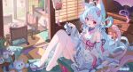  1girl :d absurdres ahoge animal_ear_fluff animal_ears bare_shoulders blue_dress blue_eyes blue_hair blue_panties blue_sandals blue_sleeves cat_ears cat_girl cat_tail chinese_commentary commentary_request day detached_sleeves double-parted_bangs dress full_body hair_between_eyes hair_intakes heart heart_ahoge heterochromia highres holding holding_unworn_sandals indoors knees_up long_hair long_sleeves multicolored_hair ningmeng_jing_jing_jing_jing no_shoes okobo open_mouth original panties pink_eyes pink_streaks platform_sandals sandals sitting sleeveless sleeveless_dress smile solo streaked_hair tail thighhighs underwear very_long_hair white_thighhighs wide_sleeves wind_chime 
