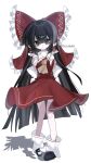  1girl ascot bow brown_hair cm96curium commentary_request detached_sleeves frilled_bow frilled_hair_tubes frills hair_bow hair_tubes hakurei_reimu highres long_hair looking_at_viewer red_bow red_eyes red_skirt ribbon-trimmed_sleeves ribbon_trim shadow simple_background skirt skirt_set socks solo touhou very_long_hair white_background white_socks yellow_ascot 