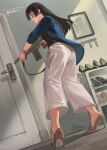  1girl absurdres artist_name assault_rifle black_hair black_shirt blue_eyes blue_jacket blue_nails blunt_bangs blunt_ends blunt_sidelocks blush character_request commentary commission earrings english_commentary from_below from_side glasses gun high_heels highres hime_cut holding holding_gun holding_weapon hoop_earrings indoors jacket jewelry no_socks open_clothes open_jacket original pants parted_lips rifle round_eyewear shirt sidelocks sig_mcx sig_sauer solo standing three-quarter_sleeves watch weapon white_pants wristwatch yukiale 