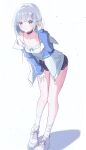  absurdres black_shorts blue_eyes blush camisole collarbone commentary confused cross_hair_ornament full_body furrowed_brow ghost_hair_ornament grey_hair hair_ornament hands_up highres jacket kaga_sumire kaga_sumire_(6th_costume) knees leaning_forward mole mole_under_eye pendant_choker rokka_(lunaqua222) shadow shoes short_shorts shorts simple_background sneakers socks thighs track_jacket untranslatable_commentary virtual_youtuber vspo! wavy_mouth white_background white_camisole white_socks zzz_hair_ornament 