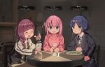  3girls asymmetrical_sidelocks bangs barrel black_ribbon blue_eyes blue_hair blunt_bangs blush bocchi_the_rock! braid candle character_name cloneko_(zelmeledf2) closed_eyes collared_shirt cube_hair_ornament cup dark_and_darker dress drunk elbow_on_table english_text fang gameplay_mechanics gotou_hitori green_dress green_eyes hair_between_eyes hair_bobbles hair_ornament hair_over_shoulder high_collar hiroi_kikuri holding holding_cup indoors jacket letterman_jacket long_hair long_sleeves looking_at_another mouth_hold multicolored_hair_bobbles multiple_girls neck_ribbon nervous_smile one_side_up open_clothes open_jacket open_mouth parted_bangs pink_hair pink_jacket pointing pointing_at_another purple_hair ribbon romaji_text shirt short_hair sitting skin_fang smile stalk_in_mouth sweatdrop table tavern track_jacket upper_body white_shirt yamada_ryou zipper 