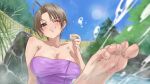  1girl ahoge alcohol bare_shoulders barefoot blush breasts brown_eyes brown_hair commentary_request day feet konno_mitsune large_breasts love_hina one_eye_closed onsen outdoors parted_bangs pomita purple_shirt sake shirt short_hair soles solo splashing water wet 