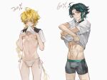  2boys aether_(genshin_impact) aqua_hair bandaid bandaids_on_nipples bell black_collar black_hair black_male_underwear blonde_hair braid braided_ponytail bulge clothes_lift collar crossdressing crossdressing_(mtf) genshin_impact hair_between_eyes highres long_hair loomiuus male_focus male_underwear mouth_hold multicolored_hair multiple_boys navel neck_bell panties pasties shirt shirt_lift stomach streaked_hair underwear undressing white_panties white_shirt xiao_(genshin_impact) yellow_eyes 