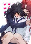  2girls bags_under_eyes bell black_hair black_skirt blue_necktie blush carrying carrying_person chinese_commentary collared_shirt commentary_request curtained_hair degrees_of_lewdity flustered green_eyes hair_between_eyes heart jingle_bell kylar_(degrees_of_lewdity) kylar_(female)_(degrees_of_lewdity) long_hair long_sidelocks long_sleeves looking_at_another miniskirt multiple_girls neck_bell necktie oc_x_canon open_mouth original player_character_(degrees_of_lewdity) player_character_(female)_(degrees_of_lewdity) pleated_skirt princess_carry profile raised_inner_eyebrows red_hair school_uniform shirt sidelocks simple_background skirt white_background white_shirt yellow_eyes yiban_luguo_tongren_nu yuri 