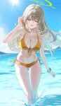  1girl :d ;d absurdres bare_shoulders bead_bracelet beads bikini blue_archive blue_sky blurry blurry_background bracelet breasts brown_hair cleavage cloud commentary danyun_03 day feet_out_of_frame floating_hair front-tie_bikini_top front-tie_top green_eyes green_halo hair_between_eyes halo halterneck hand_in_own_hair highres jewelry large_breasts light_blush long_hair looking_at_viewer navel nonomi_(blue_archive) nonomi_(swimsuit)_(blue_archive) ocean official_alternate_costume one_eye_closed open_mouth orange_bikini outdoors ring_of_light_(blue_archive) side-tie_bikini_bottom sky smile solo standing string_bikini sun swimsuit triangle_bikini_top very_long_hair wading water water_drop wet 