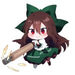  1girl asymmetrical_footwear blush boots brown_boots brown_hair brown_wings chibi closed_mouth commentary control_rod_(touhou) feathered_wings full_body green_skirt hair_between_eyes highres long_hair looking_at_viewer mismatched_footwear no_nose puffy_short_sleeves puffy_sleeves red_eyes reiuji_utsuho shirt short_sleeves skirt smile solo third_eye touhou v-shaped_eyebrows very_long_hair white_shirt wings you_(noanoamoemoe) 