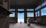  akeome animal bench blue_sky cat commentary_request day happy_new_year heater indoors no_humans original park_bench pei_(sumurai) power_lines scenery sky teapot train_station utility_pole window_shadow 