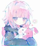  1girl black_hoodie blunt_bangs blush closed_mouth danganronpa_(series) danganronpa_2:_goodbye_despair dot_nose drawstring highres holding hood hood_down hoodie long_hair long_sleeves monomi_(danganronpa) nanami_chiaki owo_(neko_nyaaaameow) pink_eyes pink_hair simple_background sleeves_past_fingers sleeves_past_wrists smile solo upper_body white_background 