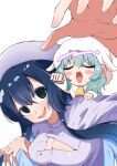  2girls :d :o aged_down animal_costume animal_ear_hood animal_ears bell black_eyes black_hair blank_eyes blue_hair blush_stickers breasts child claw_pose cleavage cleavage_cutout clenched_hands closed_eyes clothing_cutout colored_inner_hair commentary crossed_bangs double-parted_bangs dress foreshortening green_hair hair_between_eyes hat head_tilt highres hood kimi_no_koto_ga_dai_dai_dai_dai_daisuki_na_100-nin_no_kanojo long_hair looking_at_viewer multicolored_hair multiple_girls nanraka neck_bell nemui_nemu nurse official_alternate_costume outstretched_arm raised_inner_eyebrows reaching reaching_towards_viewer sheep_costume sheep_ears sidelocks simple_background smile torn_clothes torn_dress untranslatable_commentary v-shaped_eyebrows wavy_hair white_background white_dress white_hat zetsubouda_meru 