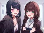  2girls black_cardigan blue_hair breasts brown_hair cardigan center_frills clipboard frills green_eyes highres hizuki_higure hugging_object lanyard long_sleeves looking_at_viewer medium_breasts medium_hair multiple_girls neck_ribbon office_lady open_cardigan open_clothes open_mouth original purple_eyes ribbon selfie shirt short_hair short_twintails sidelocks swept_bangs twintails voice_drama_available white_ribbon white_shirt 