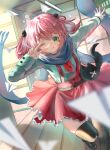  1girl :q ;q animal_bag black_shoes black_thighhighs blue_scarf blush cat_bag chuunibyou_demo_koi_ga_shitai! commentary_request dress green_eyes green_shirt highres hlel indoors looking_at_viewer one_eye_closed paper_airplane pinafore_dress pink_hair red_dress running scarf shichimiya_satone shirt shoes sleeveless sleeveless_dress solo thighhighs tongue tongue_out twintails v v_over_eye 