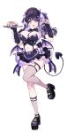  1girl :d absurdres apron arm_warmers asymmetrical_legwear black_gloves black_hair black_nails black_skirt blush bow breasts cake claw_pose cleavage commentary corset crop_top demon_girl demon_horns demon_tail demon_wings detached_collar ear_piercing earrings fang fangs fingerless_gloves fishnet_socks fishnet_thighhighs fishnets food frills full_body gloves hair_bow hair_ornament hair_ribbon hands_up heart heart_o-ring high_heels highres holding holding_plate holding_tray horns jewelry kat_(bu-kunn) kneehighs large_breasts leg_up long_hair looking_at_viewer low_wings macaron maid maid_headdress midriff miniskirt nail_polish navel o-ring o-ring_thigh_strap open_mouth original pancake piercing plate platform_heels pointy_ears puffy_short_sleeves puffy_sleeves purple_eyes purple_hair purple_nails ribbon see-through_clothes see-through_sleeves short_sleeves simple_background single_sock single_thighhigh skirt smile socks solo standing standing_on_one_leg stomach tachi-e tail thigh_strap thighhighs thighs tray twintails untranslatable_commentary white_background wings 