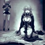  >_< 2girls ankle_boots antelise_antik belt boots breasts caria_elfuur cleavage clothing_cutout commentary_request cropped detached_sleeves dress drill_hair drill_sidelocks facing_another flat_chest flying_sweatdrops full_body full_cleavage greyscale hair_between_eyes hair_over_one_eye highres hip_vent isekai_mokushiroku_mynoghra jewelry jun_(navigavi) large_breasts leotard long_hair long_pointy_ears long_sleeves looking_at_viewer lower_teeth_only monochrome multiple_girls neck_ring nose novel_illustration official_art open-toe_shoes open_clothes open_mouth open_robe own_hands_together pointy_ears robe short_hair short_sleeves shorts sidelocks single_thighhigh sitting standing teeth thighhighs wariza 