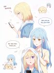  2girls absurdres animalization bang_dream! bang_dream!_it's_mygo!!!!! blonde_hair blue_eyes blue_shirt blush cellphone commentary dog drying drying_another's_hair drying_hair english_text highres holding holding_phone holding_towel misumi_uika multiple_girls navn4v one_eye_closed phone purple_hair shirt short_sleeves simple_background togawa_sakiko towel untranslatable_commentary upper_body white_background yellow_eyes yellow_shirt 