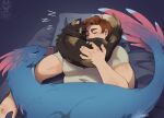  1boy animal artist_logo bed brown_hair carl_(dungeon_crawler_carl) cat commentary dated dinosaur dungeon_crawler_carl english_commentary feathered_dinosaur head_on_pillow highres logo mongo_(dungeon_crawler_carl) muscular on_bed persian_cat pillow pixelflare princess_donut_(dungeon_crawler_carl) shirt short_hair short_sleeves sleeping tortico_cat upper_body very_short_hair white_shirt zzz 