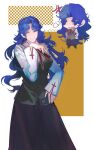 1girl anger_vein blue_hair chinese_commentary commentary_request cowboy_shot curtained_hair deformed fate/stay_night fate_(series) genderswap genderswap_(mtf) hand_up highres homurabara_academy_school_uniform hoy427552532295 long_hair long_skirt long_sleeves looking_down matou_shinji purple_eyes school_uniform sideways_glance skirt smug solo wavy_hair 