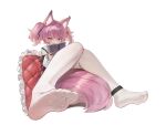  1girl animal_ear_fluff animal_ears arknights black_ankleband book commentary_request convenient_tail dokomon feet foot_focus fox_ears fox_girl fox_tail hair_between_eyes heart heart-shaped_pupils highres holding holding_book long_sleeves looking_at_viewer no_shoes pantyhose pillow pink_eyes pink_hair shamare_(arknights) shirt short_hair simple_background sitting soles solo symbol-shaped_pupils tail twintails white_background white_pantyhose white_shirt 