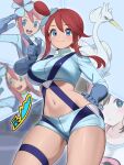  1girl ass_visible_through_thighs badge badge_(pokemon) blue_eyes blue_gloves blue_jacket blue_shorts blush breasts catfoxart commentary_request crop_top cropped_jacket finger_gun gloves gloves_over_sleeves hair_between_eyes hair_ornament highres jacket korean_commentary large_breasts midriff navel one_side_up pilot pokemon pokemon_black_2_and_white_2 pokemon_black_and_white pouch red_hair reference_inset rosa_(pokemon) short_hair_with_long_locks short_shorts shorts sidelocks signature skyla_(pokemon) smile solo swanna swept_bangs thigh_pouch thighs under-elbow_gloves 