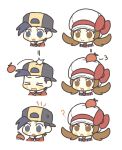  >_< 1boy 1girl 28_(eep228) :d :o ? apple apple_on_head backwards_hat blush_stickers bow brown_eyes brown_hair chibi chibi_only closed_mouth commentary_request ethan_(pokemon) food food_on_head fruit fruit_on_head grey_eyes hat hat_bow highres holding holding_food holding_fruit jacket korean_commentary lyra_(pokemon) motion_lines multiple_views object_on_head open_mouth pokemon pokemon_heartgold_and_soulsilver red_bow red_jacket simple_background smile twintails white_background 