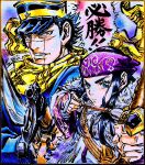  1boy 1girl 2022 arrow_(projectile) ashiya_kouhei asirpa black_hair blue_eyes blue_hair bow_(weapon) brown_eyes clenched_teeth commentary_request criss-cross_halter drawing_bow earrings fur_trim golden_kamuy gun halterneck hat headband highres holding holding_bow_(weapon) holding_weapon hoop_earrings jewelry marker_(medium) military_hat purple_headband rifle scar scar_on_cheek scar_on_face scar_on_mouth scar_on_nose serious shirt signature striped_clothes striped_shirt sugimoto_saichi teeth traditional_media v-shaped_eyebrows weapon 