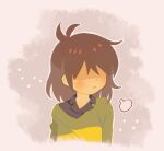  1other :i androgynous black_vest blush brown_hair commentary_request deltarune kris_(deltarune) looking_to_the_side other_focus shaded_face short_hair simple_background speech_bubble striped_clothes striped_sweater striped_sweater_vest sweater sweater_vest tanba_(tanba-art) unamused utdr_(toby_fox) vest 
