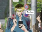  1boy 1girl blonde_hair blood blood_on_clothes blood_on_face blood_on_hand blue_shirt blurry blurry_background brown_hair brown_jacket cigarette city collared_shirt goggles goggles_on_head holding holding_phone holding_unworn_clothes holding_unworn_jacket jacket jujutsu_kaisen ki_hyun_ryu long_hair long_sleeves looking_at_phone mature_male nanami_kento phone shirt short_hair unworn_jacket upper_body white_shirt 