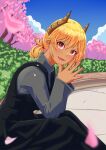  1girl black_dress blonde_hair blue_sky bush cherry_blossoms cloud commentary_request dark-skinned_female dark_skin demon_girl demon_horns dress falling_petals fang fingers_on_chin grey_shirt highres horns long_dress long_sleeves looking_at_viewer nail_polish neko_040 open_mouth original own_hands_clasped own_hands_together petals pinafore_dress pink_nails pointy_ears ponytail red_eyes shirt short_hair sitting sky sleeveless sleeveless_dress smile solo tree 