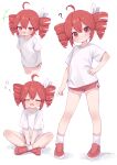  1girl :d ? aged_down ahoge blush commentary crossed_legs dolphin_shorts double-parted_bangs drill_hair hand_on_own_hip highres kasane_teto kasane_teto_(sv) looking_at_viewer medium_hair multiple_views red_eyes red_hair red_shoes red_shorts shirt shoes shorts simple_background sitting smile squeans synthesizer_v takatsurt twin_drills utau white_background white_shirt 