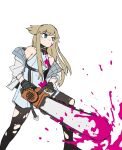  1girl absurdres animal_ears arknights arknights:_endfield bendit bird_ears blood blood_splatter blue_eyes brown_hair chainsaw dress fortnite grey_jacket highres holding holding_chainsaw jacket pantyhose perlica_(arknights) simple_background sleeveless sleeveless_dress solo torn_clothes torn_pantyhose white_background white_dress 