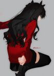  1girl adjusting_footwear bilibili_logo black_hair black_shoes black_skirt black_thighhighs chinese_commentary commentary fate/stay_night fate_(series) from_behind grey_background highres leaning_on_wall leg_up loafers long_hair looking_to_the_side miniskirt pleated_skirt red_sweater rhg shoes signature simple_background skirt sleeves_past_wrists solo standing standing_on_one_leg sweater thighhighs tohsaka_rin two_side_up wavy_hair zettai_ryouiki 