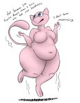  anthro barefoot belly big_breasts blue_eyes breasts dialogue fangs feet female floating generation_1_pokemon huge_thighs legendary_pokemon levitation mew_(pokemon) navel nintendo open_mouth overweight overweight_anthro overweight_female pink_body pokemon pokemon_(species) simple_background solo teeth text thatoneaceguy thick_thighs wide_hips 