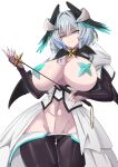  1girl absurdres aqua_eyes aqua_nails arknights artist_collaboration black_thighhighs breasts breasts_out cassava_sketch colorized commentary cosplay cowboy_shot crotch_zipper english_commentary facial_mark fangs grey_hair groin halloween_costume head_wings highres ho'olheyak_(arknights) holding holding_wand huge_breasts looking_at_viewer magia_baiser magia_baiser_(cosplay) mahou_shoujo_ni_akogarete pasties raindance_x shaded_face short_hair simple_background smile snake_tail solo spot_color tail thighhighs wand white_background wings zipper 