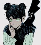  1girl aged_down baldur's_gate baldur's_gate_3 black_gloves black_hair black_sweater_vest blood blood_on_face commentary double_bun dungeons_&amp;_dragons elf gloves green_eyes hair_bun injury pankepen pointy_ears shadowheart_(baldur's_gate) shirt simple_background sweatdrop sweater_vest upper_body white_shirt 